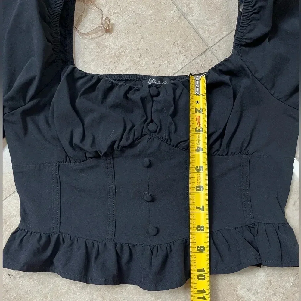 Square Neck Long Sleeve Ruffle Hem off shoulder Solid Black Crop Top size M